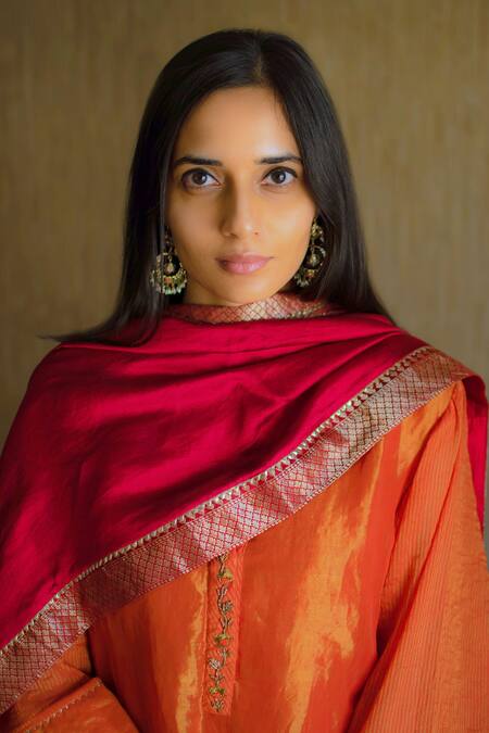 Shop_Shorshe Clothing_Orange Handloom Tissue Kurta And Silk Pant Set_Online_at_Aza_Fashions