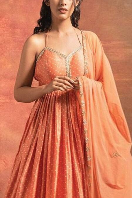 Shop_Pleats By Kaksha And Dimple_Orange Chanderi V Neck Anarkali With Dupatta_Online_at_Aza_Fashions