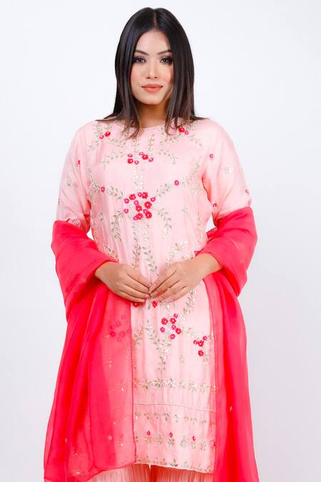 Buy_Geetika Jain_Pink , Georgette, Organza Embroidery, Pearls, Sequins, Gota Kurta Set_Online_at_Aza_Fashions