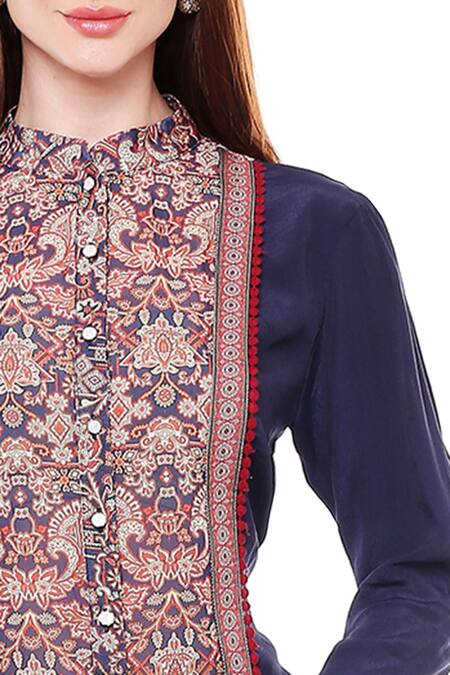 Shop_Soup By Sougat Paul_Blue Crepe Madhubani Band Collar Printed Kurta And Dhoti Pant Set _Online_at_Aza_Fashions