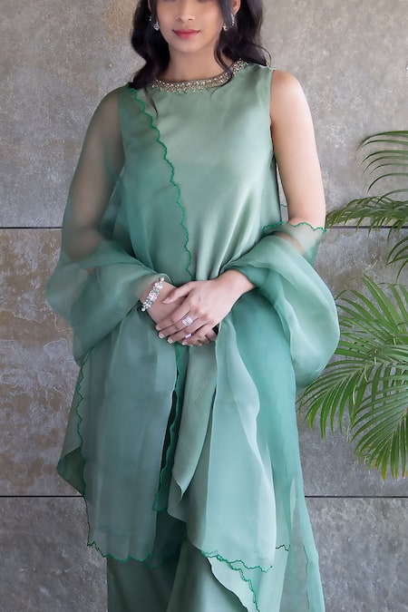 Buy_Cupid Cotton_Green Chanderi Silk, Organza Embroidery Round Asymmetric Hem Kurta Pant Set _Online_at_Aza_Fashions