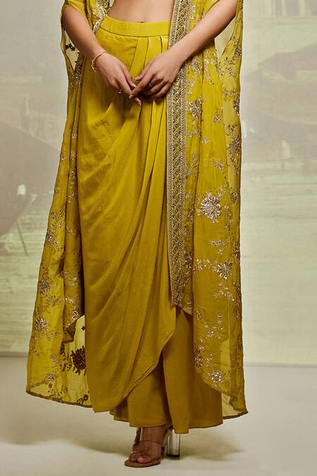 Basanti - Kapde Aur Koffee_Yellow Viscose, Crepe Sequins, Zari Sweetheart Embroidered Cape Draped Skirt Set_at_Aza_Fashions
