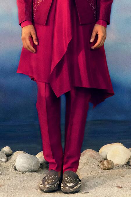 Rohit Gandhi + Rahul Khanna Red Viscose, Satin, Chanderi Canyon Floral Embellished Bandhgala Kurta Set Online at Aza Fashions Rohit Gandhi + Rahul Khanna_Red Viscose, Satin, Chanderi Canyon Floral Embellished Bandhgala Kurta Set _Online_at_Aza_Fashions