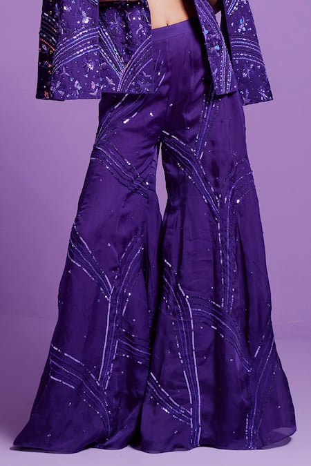 Parul Gandhi Purple Satin, Organza, Cotton Sequins, Embellished Cape Sleeve Jacket Pant Set at Aza Fashions Parul Gandhi_Purple Satin, Organza, Cotton Sequins, Embellished Cape Sleeve Jacket Pant Set _at_Aza_Fashions
