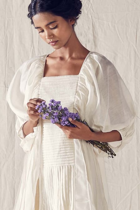 Buy_EK Katha_White Chanderi, Silk, Handloom Square Neck Ruffle Flared Dress _Online_at_Aza_Fashions