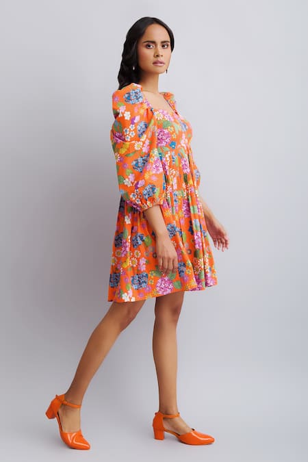 Nautanky_Orange 100% Cotton Floral Sweetheart Neck Print Puff Sleeve Dress _Online_at_Aza_Fashions