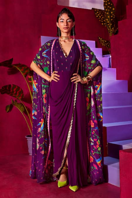 Limerick by Abirr N' Nanki Purple Crepe Floral V Neck Maliha Saree Gown With Cape 