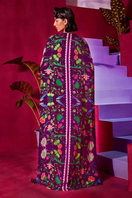 Shop_Limerick By Abirr N' Nanki_Purple Crepe, Georgette Floral Print V Neck Maliha Saree Gown With Cape _at_Aza_Fashions