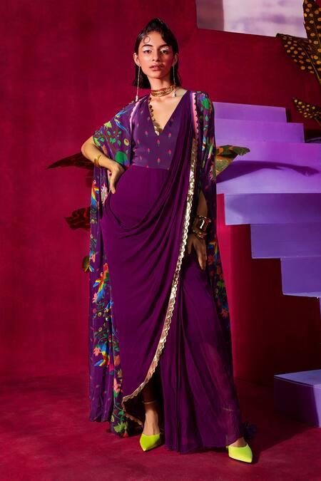 Limerick By Abirr N' Nanki_Purple Crepe, Georgette Floral Print V Neck Maliha Saree Gown With Cape _Online_at_Aza_Fashions
