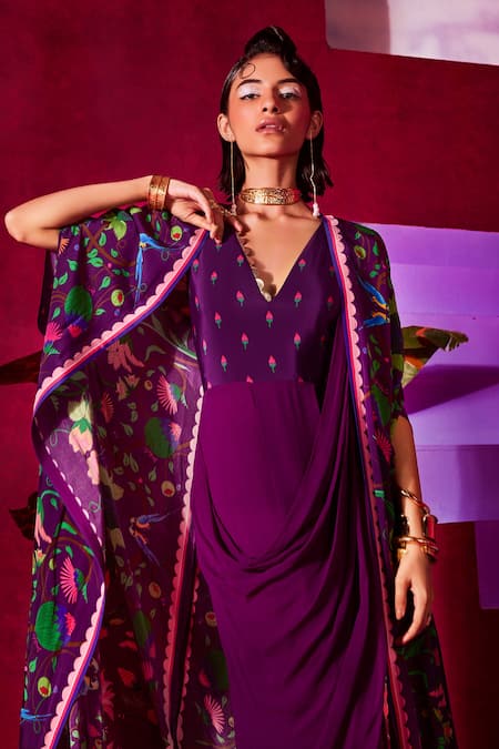 Buy_Limerick By Abirr N' Nanki_Purple Crepe, Georgette Floral Print V Neck Maliha Saree Gown With Cape _Online_at_Aza_Fashions