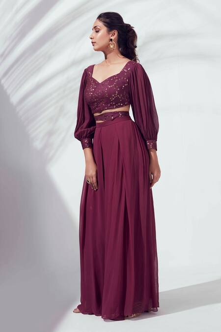 Suruchi Parakh Purple Chanderi Silk And Georgette Crepe Embroidered Crop Top & Pant Set Online at Aza Fashions Suruchi Parakh_Purple Chanderi Silk And Georgette Crepe Embroidered Crop Top & Pant Set _Online_at_Aza_Fashions