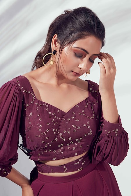 Buy Suruchi Parakh Purple Chanderi Silk And Georgette Crepe Embroidered Crop Top & Pant Set Online at Aza Fashions Buy_Suruchi Parakh_Purple Chanderi Silk And Georgette Crepe Embroidered Crop Top & Pant Set _Online_at_Aza_Fashions