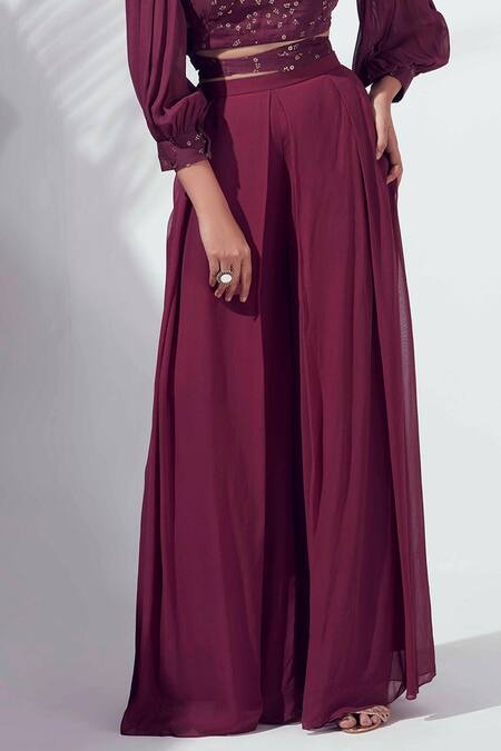 Shop Suruchi Parakh Purple Chanderi Silk And Georgette Crepe Embroidered Crop Top & Pant Set Online at Aza Fashions Shop_Suruchi Parakh_Purple Chanderi Silk And Georgette Crepe Embroidered Crop Top & Pant Set _Online_at_Aza_Fashions