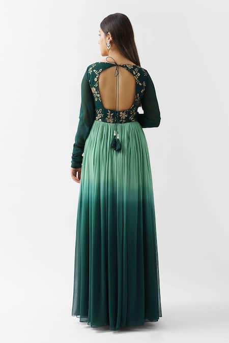 Shop_Suruchi Parakh_Green Georgette Floral V Neck Embroidered Anarkali With Dupatta _at_Aza_Fashions