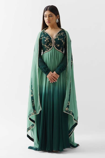 Suruchi Parakh_Green Georgette Floral V Neck Embroidered Anarkali With Dupatta _Online_at_Aza_Fashions