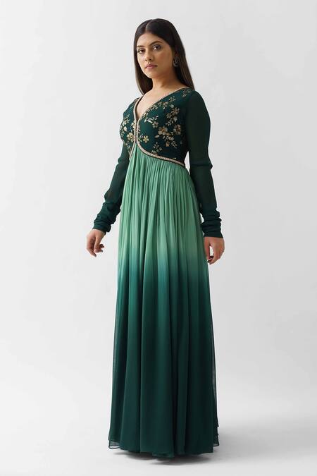 Buy_Suruchi Parakh_Green Georgette Floral V Neck Embroidered Anarkali With Dupatta _Online_at_Aza_Fashions