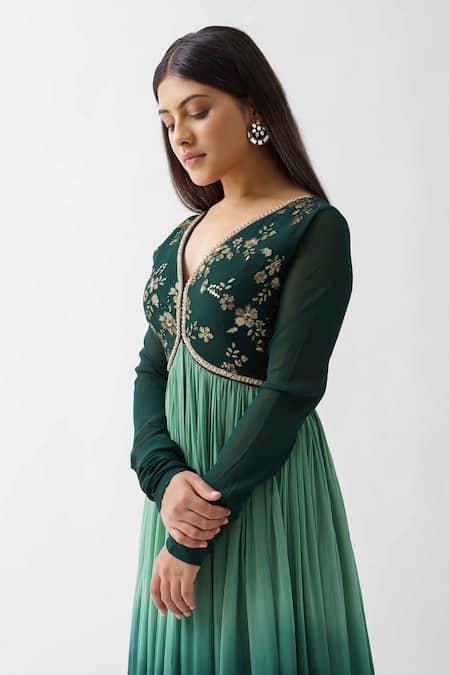 Shop_Suruchi Parakh_Green Georgette Floral V Neck Embroidered Anarkali With Dupatta _Online_at_Aza_Fashions