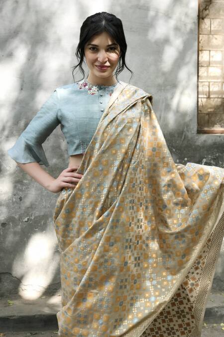 I Am Design_Beige Silk Ikat Print Saree _Online_at_Aza_Fashions