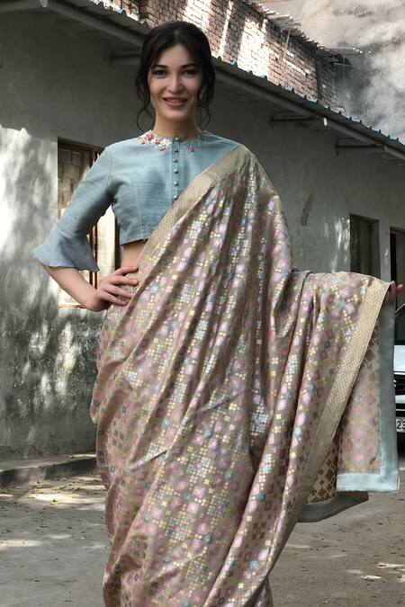 I Am Design_Beige Silk Ikat Print Saree _Online_at_Aza_Fashions
