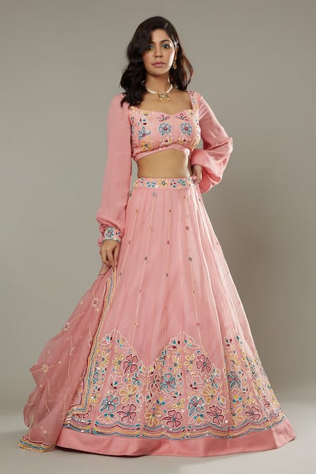 Multicolour printed organza lehenga with blouse and net dupatta - Set Of  Three by The Anarkali Shop | The Secret Label