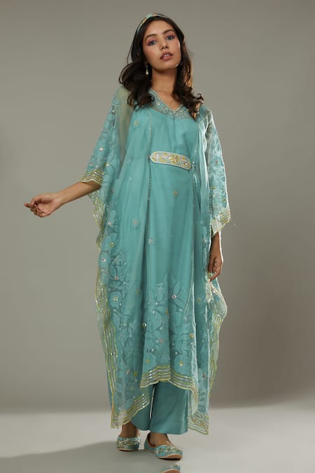 I AM Design Blue Silk Organza Floral Appliques, Sequins Peppermint Candy Kaftan And Pant Set 