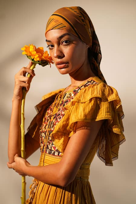 Nikita Mhaisalkar_Yellow Chanderi Embroidery Keyhole Neck Yoke Embellished Dress With Belt _Online_at_Aza_Fashions