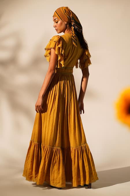Buy_Nikita Mhaisalkar_Yellow Chanderi Embroidery Keyhole Neck Yoke Embellished Dress With Belt _Online_at_Aza_Fashions