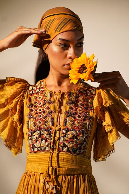 Shop_Nikita Mhaisalkar_Yellow Chanderi Embroidery Keyhole Neck Yoke Embellished Dress With Belt _Online_at_Aza_Fashions