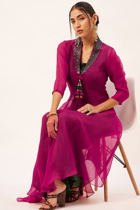 Buy_Zariya The Label_Pink Muslin Round Neck Asymmetric Sheer Cape Flared Pant Set 