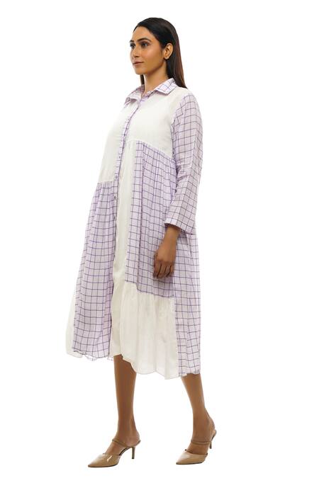Khat_White , Handloom Collared, Checkered Pattern Handwoven Shirt Dress _at_Aza_Fashions