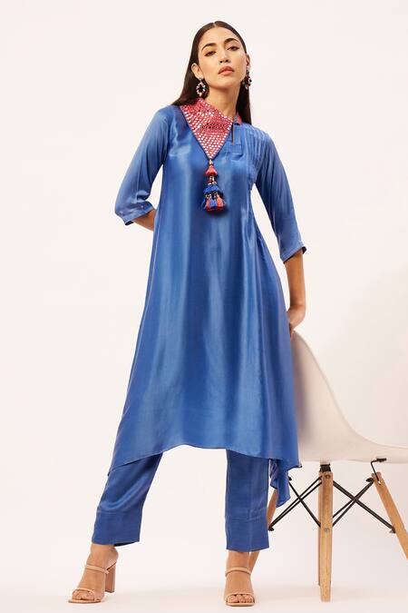 Buy Zariya The Label Blue Modal, Cotton, Satin Tassels Shawl Neck Asymmetric Hem Kurta With Pant Buy_Zariya The Label_Blue Modal, Cotton, Satin Tassels Shawl Neck Asymmetric Hem Kurta With Pant