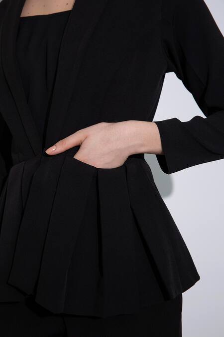 Pocketful Of Cherrie_Black Crepe Collared Full Sleeve Peplum Jacket_Online_at_Aza_Fashions
