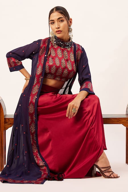 Buy_Zariya The Label_Blue Maheshwari, Modal Mirrors High Neck Mashru Silk Printed Blouse Skirt Set 