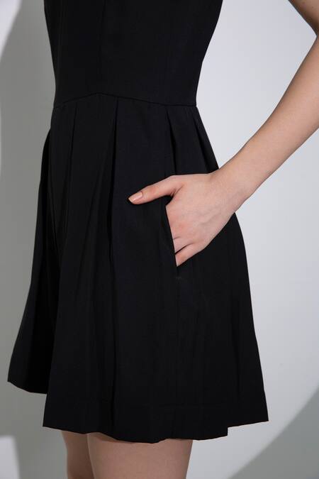 Pocketful Of Cherrie_Black Crepe Scoop Neck Box Pleated Romper_Online_at_Aza_Fashions