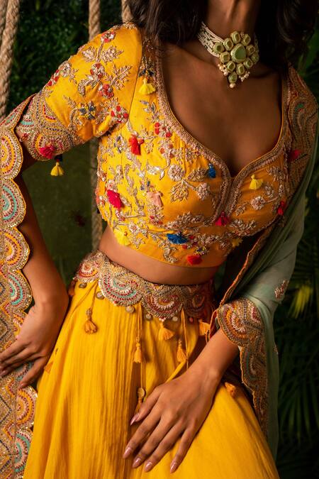 Shop Pallavi Poddar Yellow Chanderi, Silk Tassels, Embroidery Boat Neck Ganga Waistband Lehenga Set Online at Aza Fashions Shop_Pallavi Poddar_Yellow Chanderi, Silk Tassels, Embroidery Boat Neck Ganga Waistband Lehenga Set _Online_at_Aza_Fashions