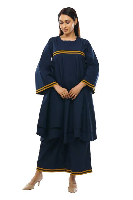 Buy_Khat_Blue Cotton, Poplin Square Neck Double Layered Dress Pant Set _Online_at_Aza_Fashions
