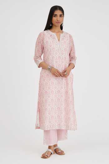 Kora Pink , Satin Lace, Gota Patti, Hand Block Printed Kurta Set Online at Aza Fashions Kora_Pink , Satin Lace, Gota Patti, Hand Block Printed Kurta Set _Online_at_Aza_Fashions