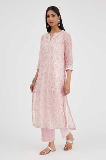 Shop Kora Pink , Satin Lace, Gota Patti, Hand Block Printed Kurta Set Online at Aza Fashions Shop_Kora_Pink , Satin Lace, Gota Patti, Hand Block Printed Kurta Set _Online_at_Aza_Fashions