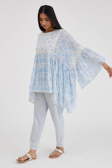 Shop_Kora_Blue Cotton Embroidery Round Neck Hand Block Printed Top And Pant Set _Online_at_Aza_Fashions