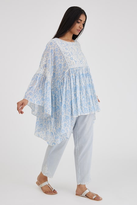 Kora_Blue Cotton Embroidery Round Neck Hand Block Printed Top And Pant Set _at_Aza_Fashions