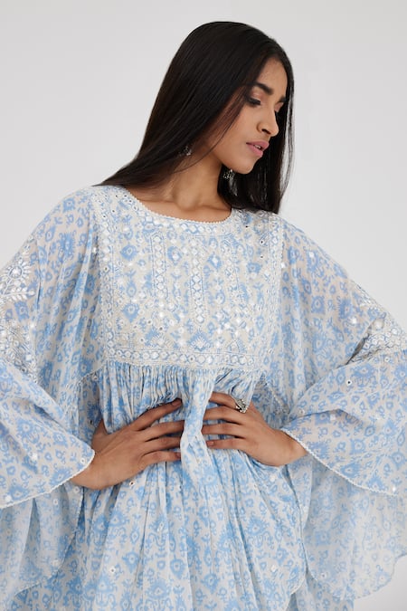 Buy_Kora_Blue Cotton Embroidery Round Neck Hand Block Printed Top And Pant Set 