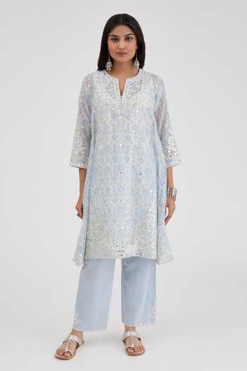 Kora Blue , Satin Embroidery, Gota Hand Block Printed Panelled Kurta Set Online at Aza Fashions Kora_Blue , Satin Embroidery, Gota Hand Block Printed Panelled Kurta Set _Online_at_Aza_Fashions