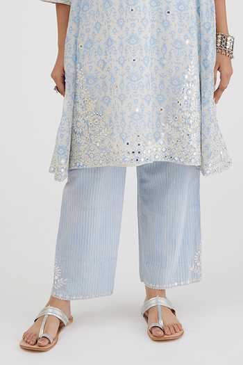 Kora Blue , Satin Embroidery, Gota Hand Block Printed Panelled Kurta Set at Aza Fashions Kora_Blue , Satin Embroidery, Gota Hand Block Printed Panelled Kurta Set _at_Aza_Fashions