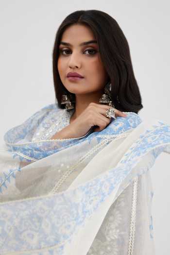 Shop Kora Blue , Satin Embroidery, Gota Hand Block Printed Panelled Kurta Set Online at Aza Fashions Shop_Kora_Blue , Satin Embroidery, Gota Hand Block Printed Panelled Kurta Set _Online_at_Aza_Fashions