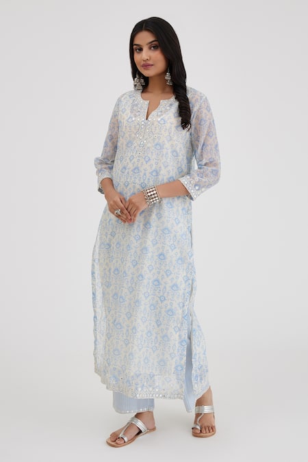 Buy_Kora_Blue Cotton Lace, Mirrors, Gota Patti, Ikat Hand Block Print Kurta Set _Online_at_Aza_Fashions