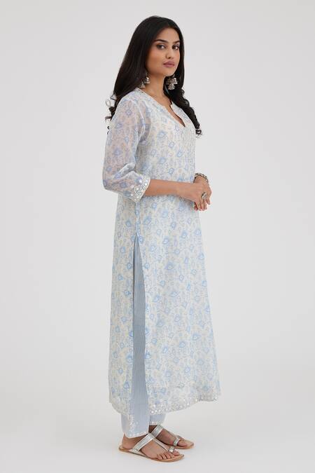 Shop_Kora_Blue Cotton Lace, Mirrors, Gota Patti, Ikat Hand Block Print Kurta Set _Online_at_Aza_Fashions