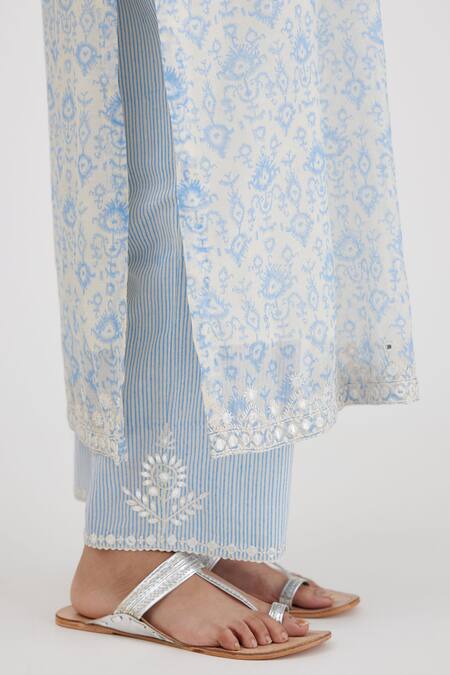 Kora_Blue Cotton Lace, Mirrors, Gota Patti, Ikat Hand Block Print Kurta Set _at_Aza_Fashions