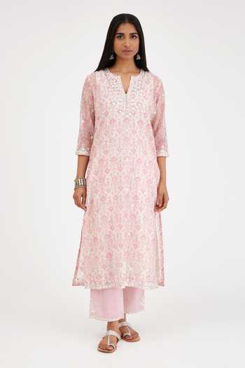 Kora_Pink Cotton Embroidery, Lace, Mirrors Split V-neck Thread Kurta Set _Online_at_Aza_Fashions