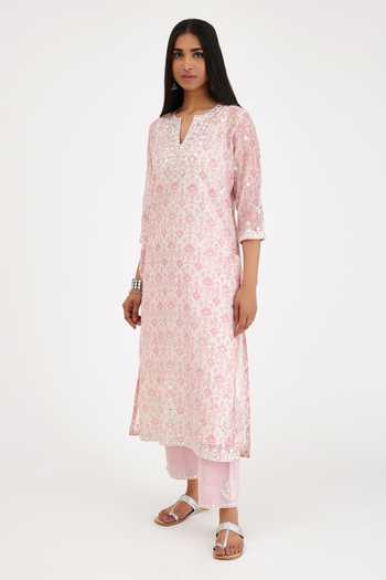 Buy_Kora_Pink Cotton Embroidery, Lace, Mirrors Split V-neck Thread Kurta Set _Online_at_Aza_Fashions
