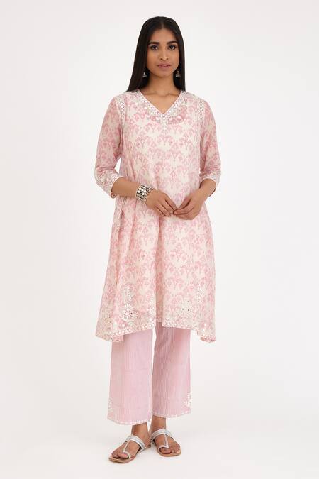 Buy_Kora_Pink , Satin Lace, Gota Patti, Chanderi Hand Block Print Kurta Set _Online_at_Aza_Fashions